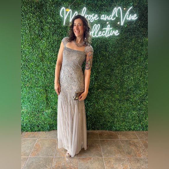 NWT Adrianna Papell silver beaded gown - Picture 1 of 12